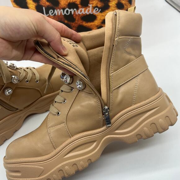 Lemonade Women Combat Boot Size 8M Rhinestone Strap Lace Up Textured Sole - Picture 6 of 14
